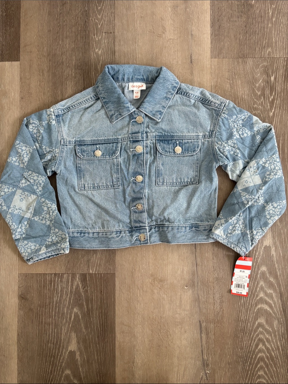 Cat & Jack Size M (8) Light Blue Denim Cropped Jacket with Patterned Sleeves